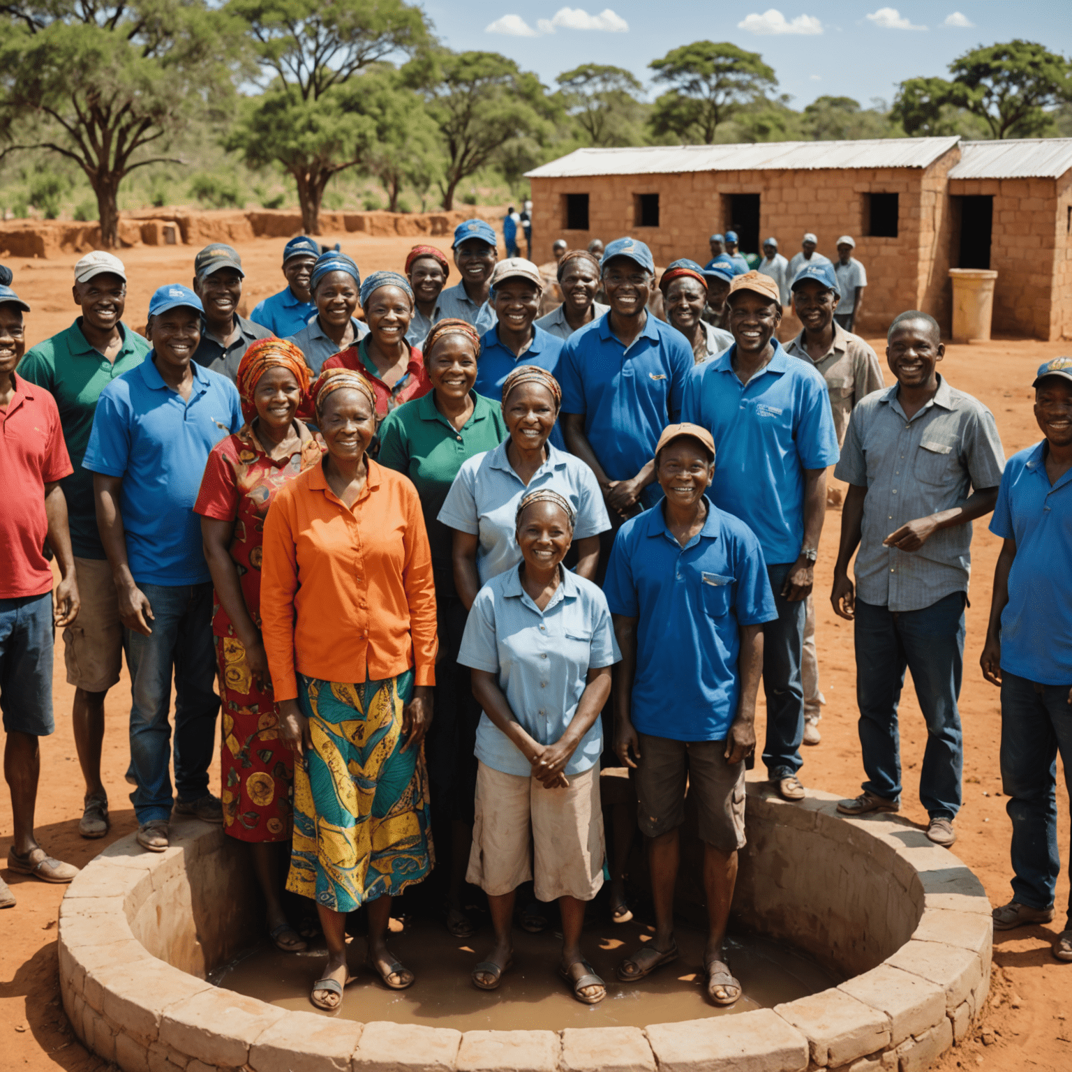 A group of diverse South African community members celebrating the completion of a local water project, with a newly constructed well in the background