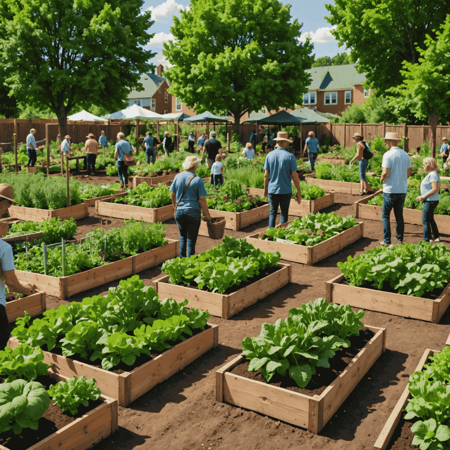 Lush community garden with raised beds full of vegetables and fruits, with community members of all ages tending to plants