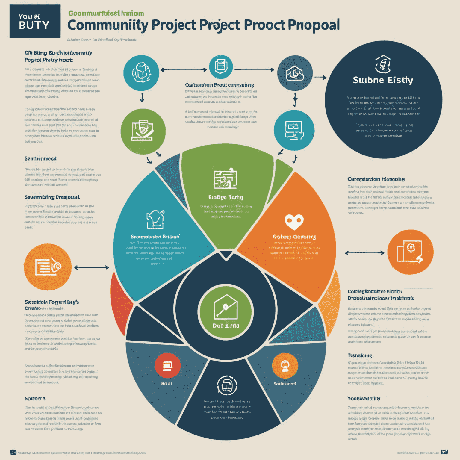 A detailed infographic showing step-by-step instructions for submitting a community project proposal on Yourbuty. The image includes icons representing different stages of the submission process.