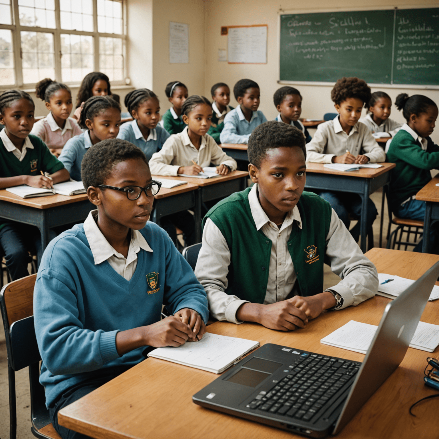 A classroom filled with diverse South African students of various ages, all engaged in learning on computers with a teacher guiding them